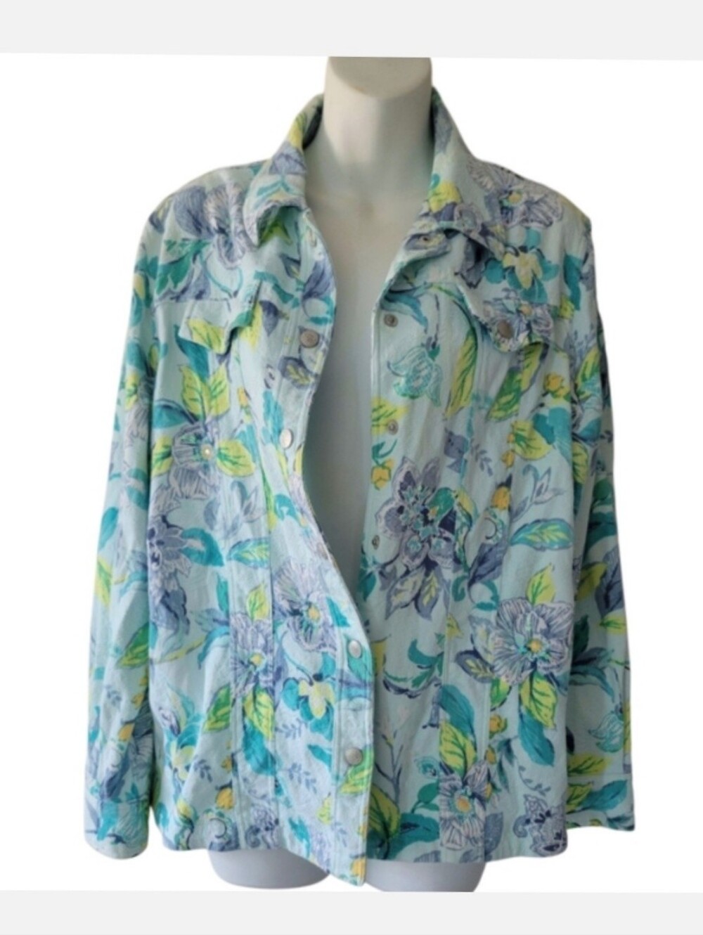 Easter Turquoise Jean Jacket Stretch cotton Floral Clear Sequins Alfred‎ Dunner